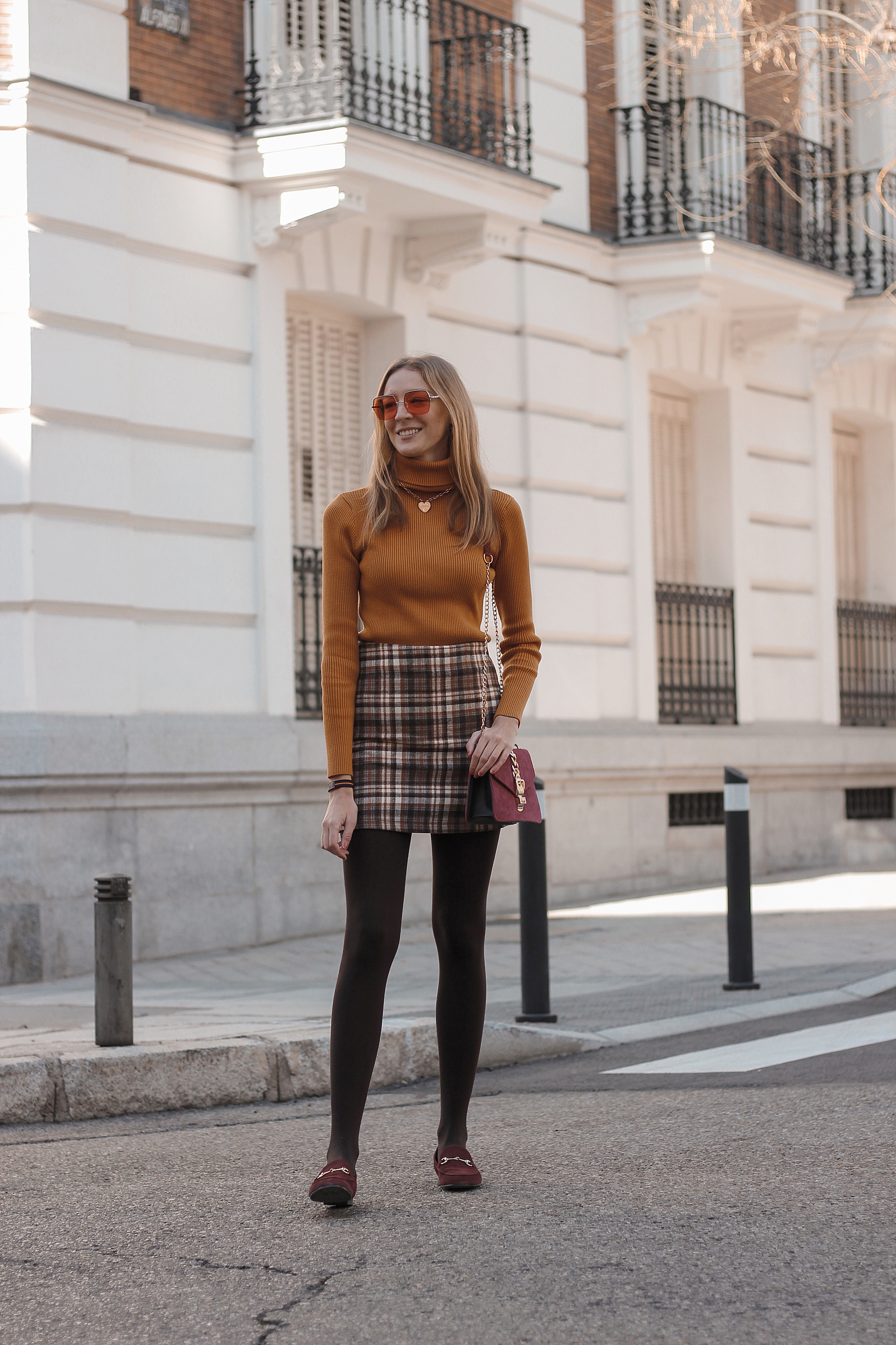 orange-turtle-neck-tartan-skirt-chicwish-burgundy-loaferes-lesac-hawkers-retro-sunglasses-preppyels