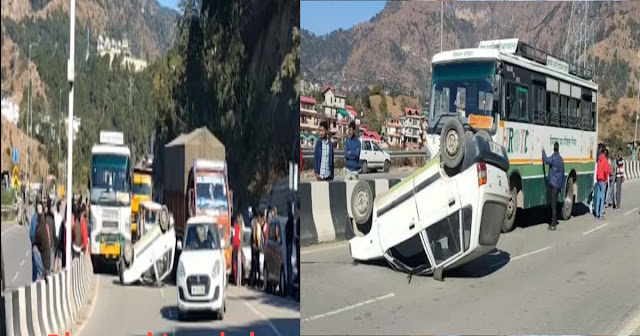 हिमाचल: HRTC bus की टक्कर से बीच सड़क पर पलट गई मारुती 800