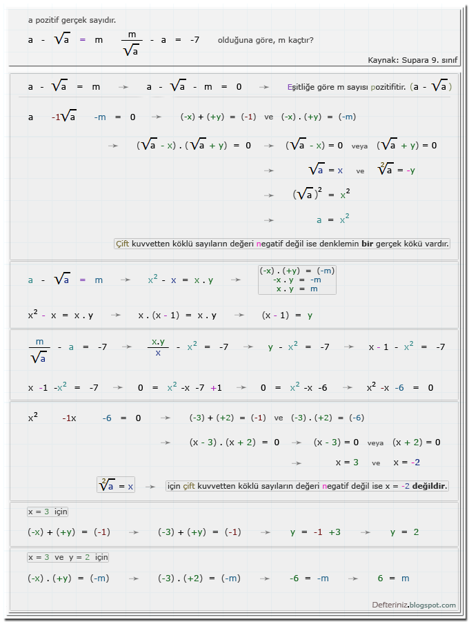 Örnek-soru-11 » x - a√x - b = 0 şeklinde olan köklü eşitlikler » Çarpanlarına ayrılabilen köklü eşitlikler » Köklü ifadeler içeren denklemler (Kaynak: Supara 9. sınıf).