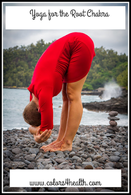 Red clothing and forward bend yoga pose
