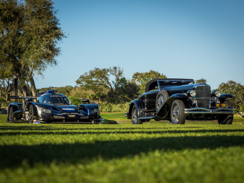 The 2022 Amelia winners:  2017 Cadillac DPI-V.R. race car and a 1934 Duesenberg Model J Convertible.