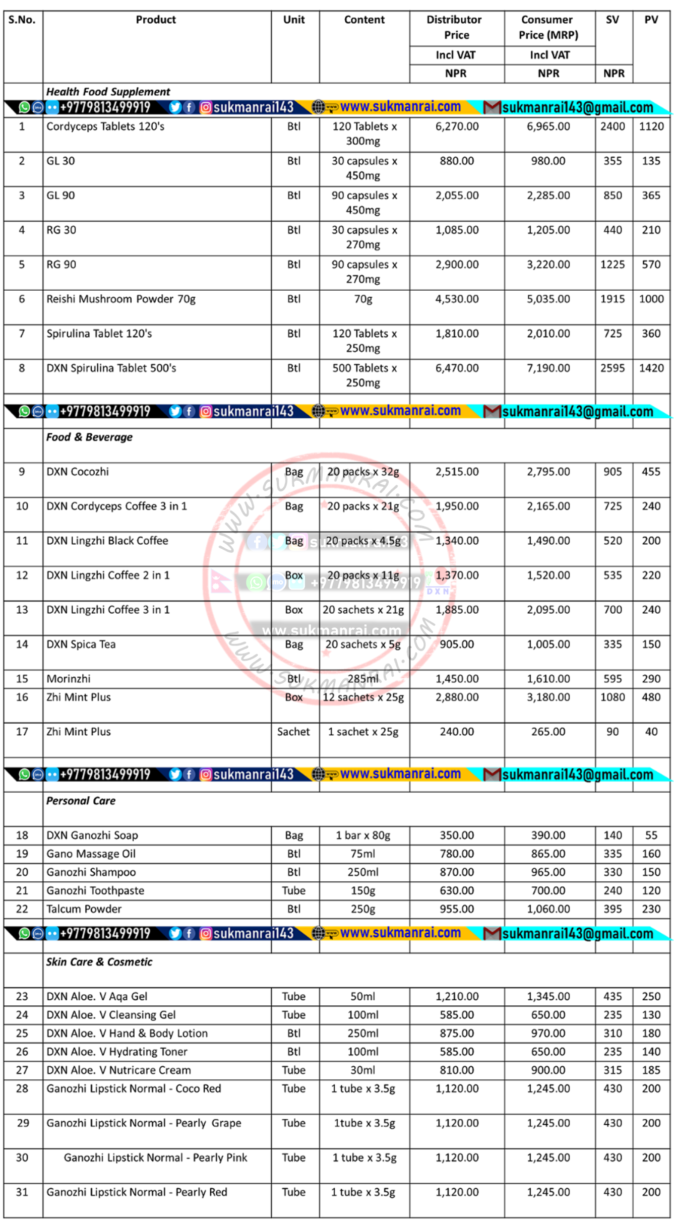 DXN NEPAL PRICE LIST