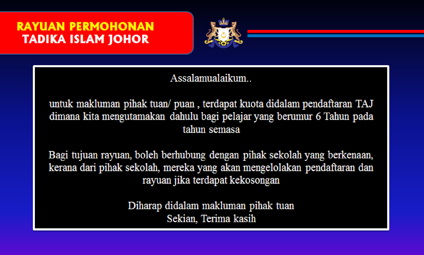 Rayuan Permononan Kemasukan Tadika Agama Johor Tahun 2022