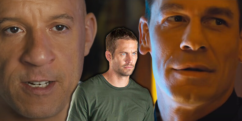 Na imagem vemos uma montagem com três atores, Vin Diesel, Paul Walker e John Cena