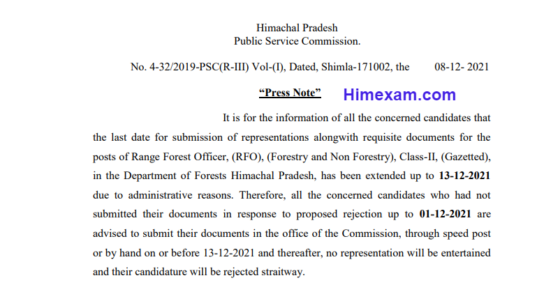 Regarding requisite documents for the posts of RFO, (Forestry and Non Forestry).-HPPSC Shimla