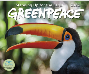 Image shows Green Peace 2022  Calendar with a smiling colourful Toucan on it.