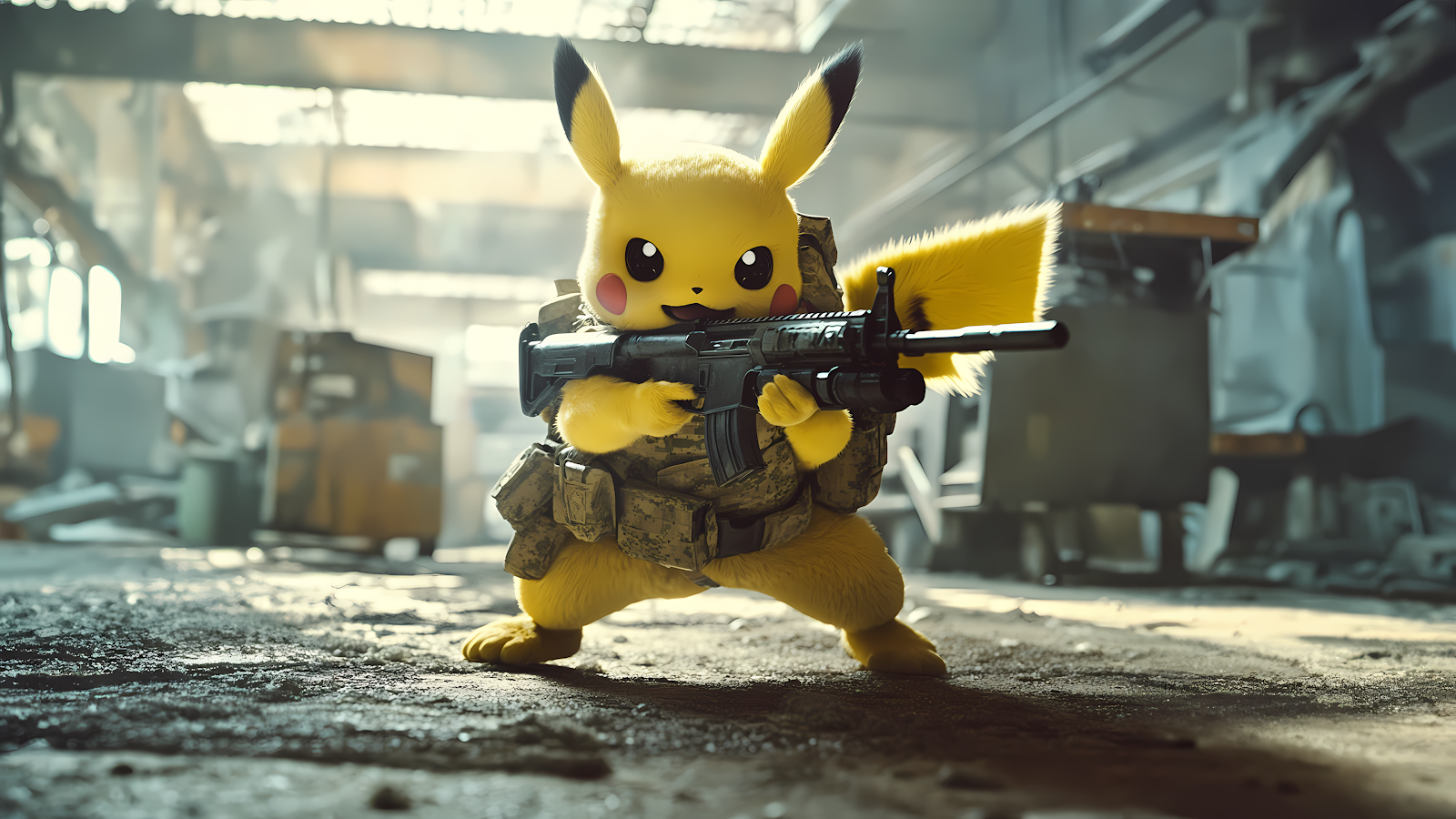 A 4K Palworld wallpaper featuring Pikachu, the iconic Pokémon, dressed in military gear and holding a rifle, standing in a post-apocalyptic setting.