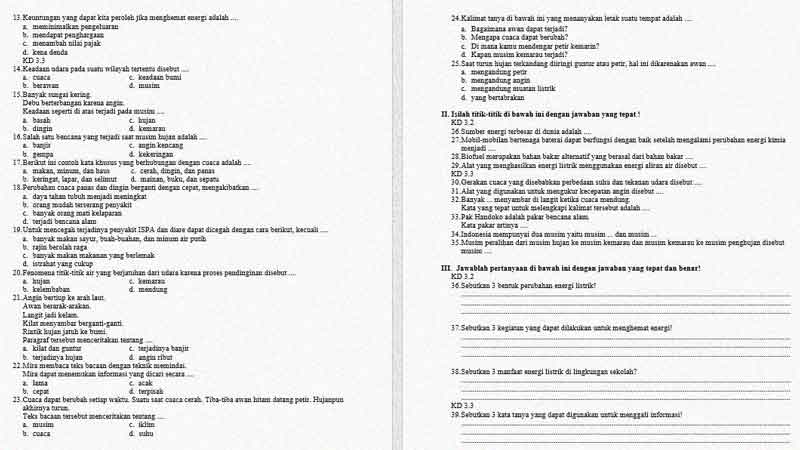 Soal dan Kunci Jawaban PTS Semester 2 Kelas 3 Tema 6 Muatan Bahasa Indonesia