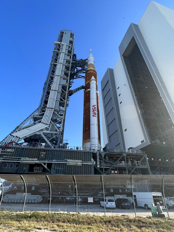 The Space Launch System rocket heads toward Launch Complex 39B after rolling out of the Vehicle Assembly Building at NASA's Kennedy Space Center in Florida...on March 17, 2022.