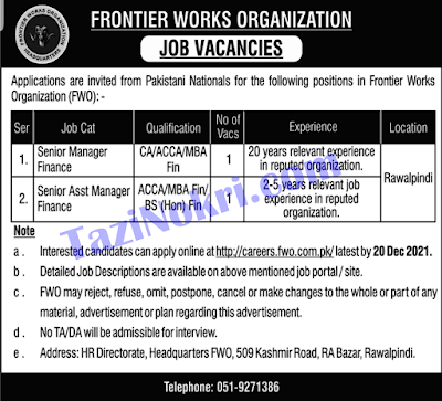 Pak Army Frontier Works Organization (FWO) for Assistant Managers, Chief Financial Officer, Copy Sec, Managers, Office Superintendent, Senior Manager, Assistant Senior Manager & Quantity Surveyor