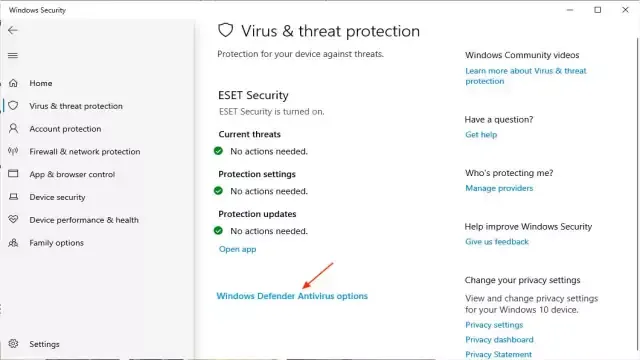 les choix de Windows Defender Antivirus