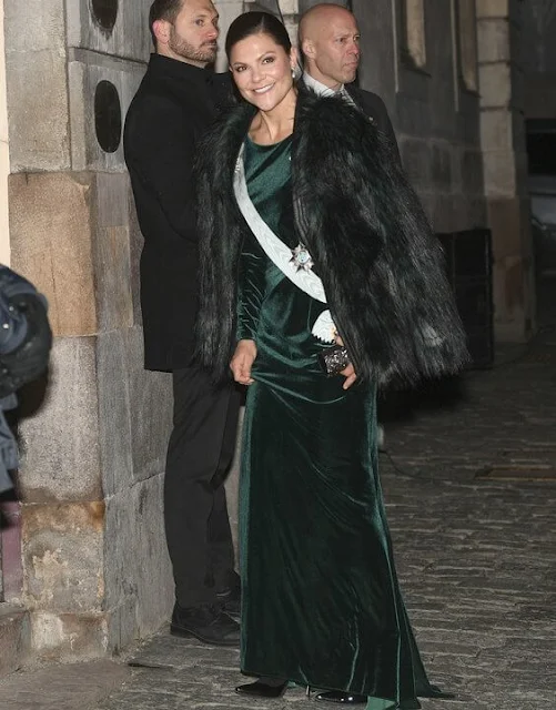 Crown Princess Victoria wore a wanderlust coat from Unreal Fur, and green gown. King Carl Gustaf and Queen Silvia