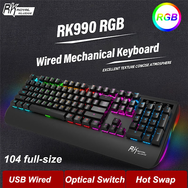 Royal Kludge RK990 Mechanical Keyboard 104 Keys USB Wired Hot Swappable Switch Macro Programming RGB Backlit Gaming Keyboard with Hand Rest for PC Gamers