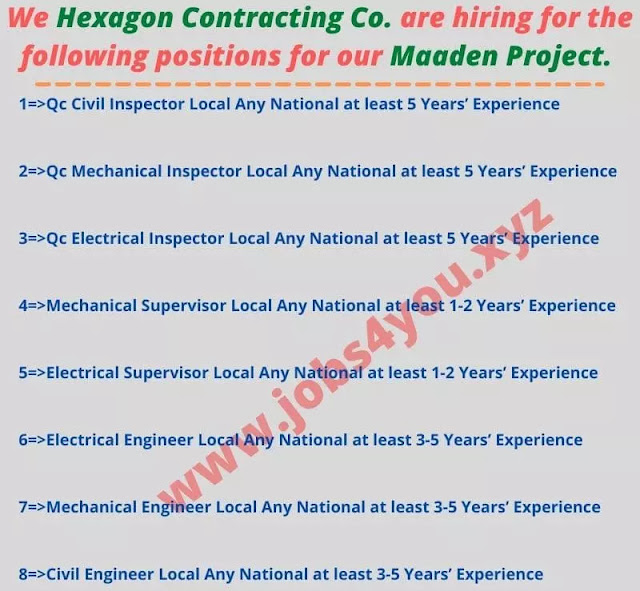 We Hexagon Contracting Co. are hiring for the following positions for our Maaden Project.