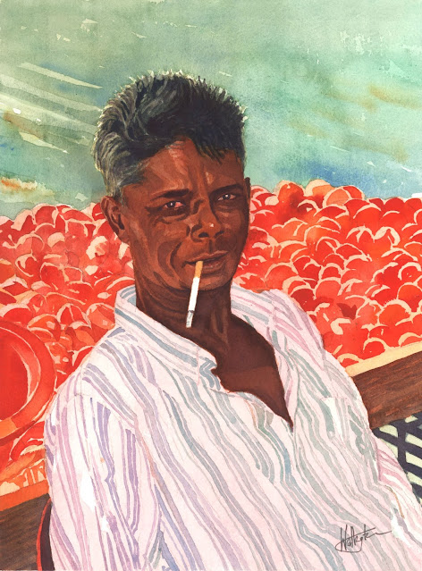 Watercolour of a creole salesman smoking a cigarette in front of his tomatoes, "Le vendeur de tomates," by William Walkington