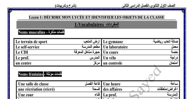 تحميل مذكرة لغة فرنسية اولى ثانوي PDF ترم ثانى 2022
