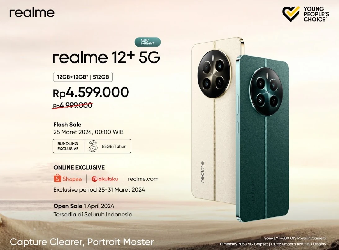 Realme 12+ 5G RAM 12GB ROM 512GB Resmi Tersedia di Indonesia, Ini Harganya