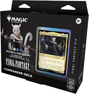 CONTENTS—1 Scions & Spellcraft FINAL FANTASY XIV MTG Commander Deck (100-card White-Blue-Black deck), a 2-card Collector Booster Sample Pack, 10 double-sided tokens, and 1 deck box