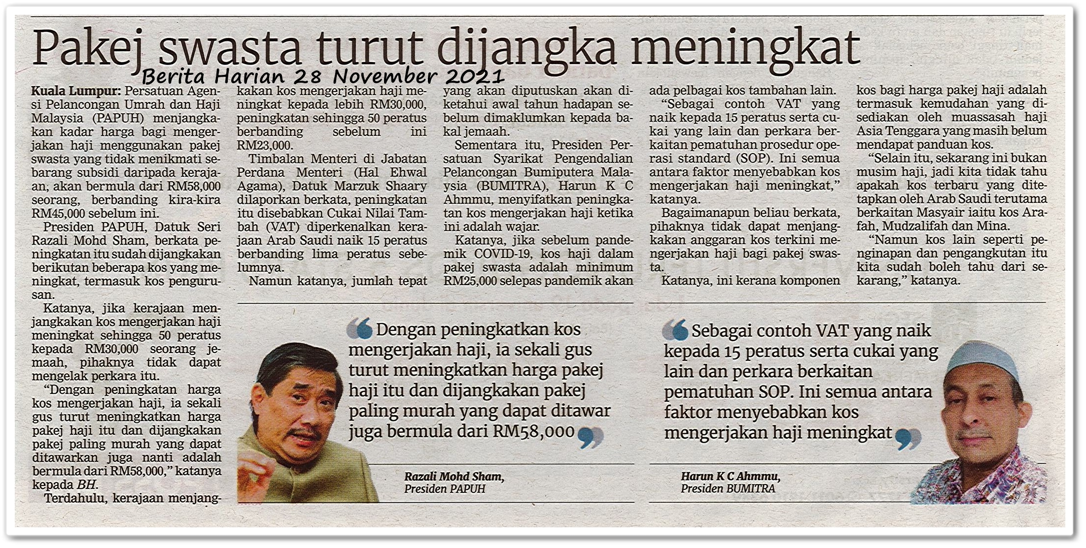 Pakej swasta turut dijangka meningkat - Keratan akhbar Berita Harian 28 November 2021