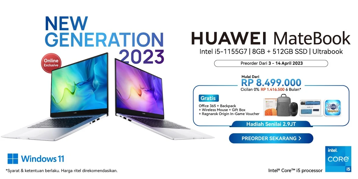 Huawei MateBook D14 dan MateBook D15 2023 Diluncurkan, Kini Ditenagai Prosesor Intel Core i5-1155G7