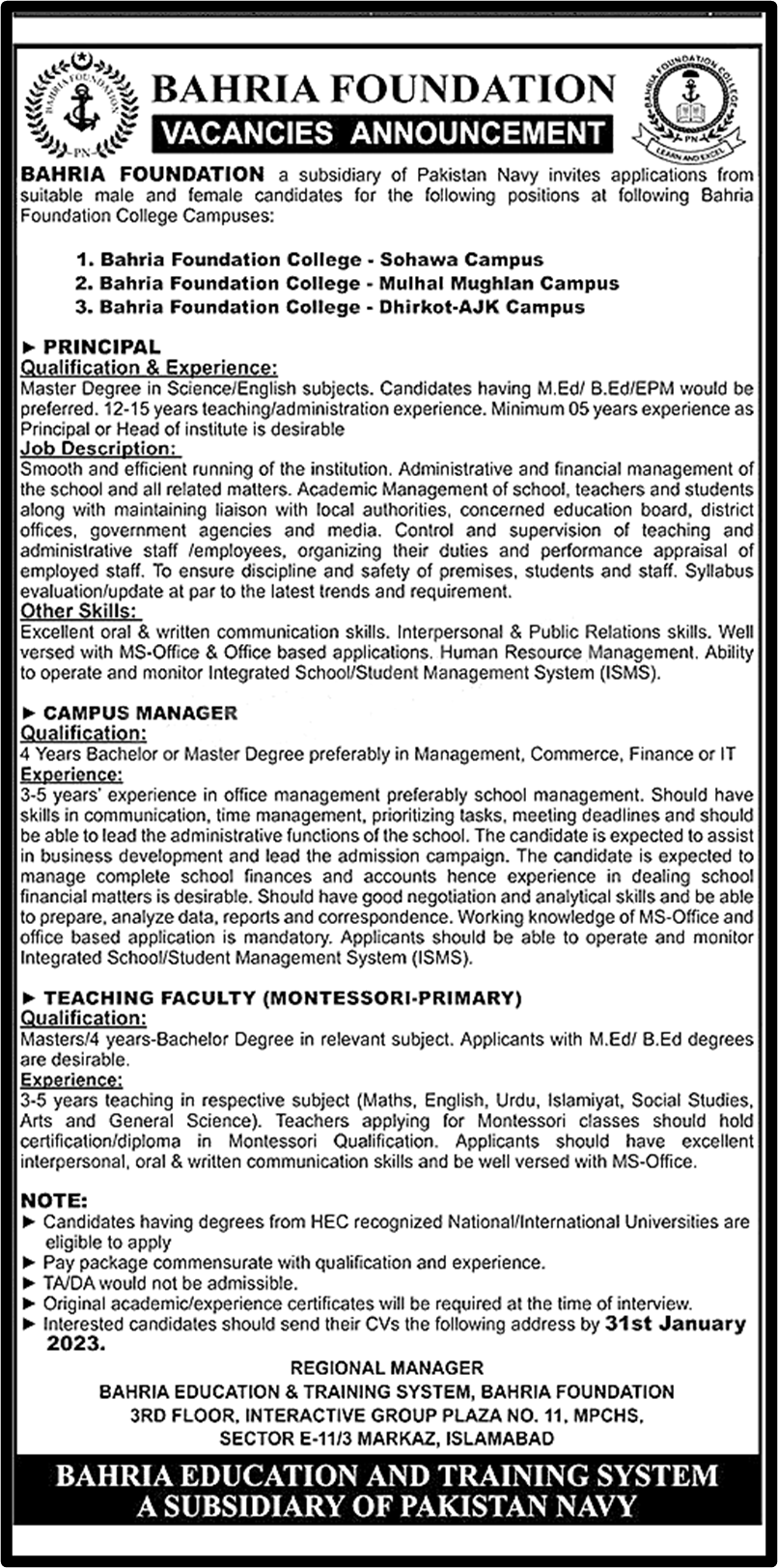 Pak Navy – Bahria Foundation Colleges Jobs 2023 | Application Procedure
