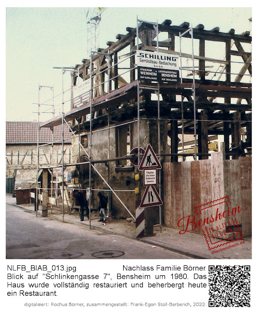 NLFB_BIAB_013.jpg; Nachlass Familie Börner; Blick auf "Schlinkengasse 7", Bensheim um 1980. Das Haus wurde vollständig restauriert und beherbergt heute ein Restaurant; digitalisiert: Rochus Börner, zusammengestellt: Frank-Egon Stoll-Berberich, 2022.