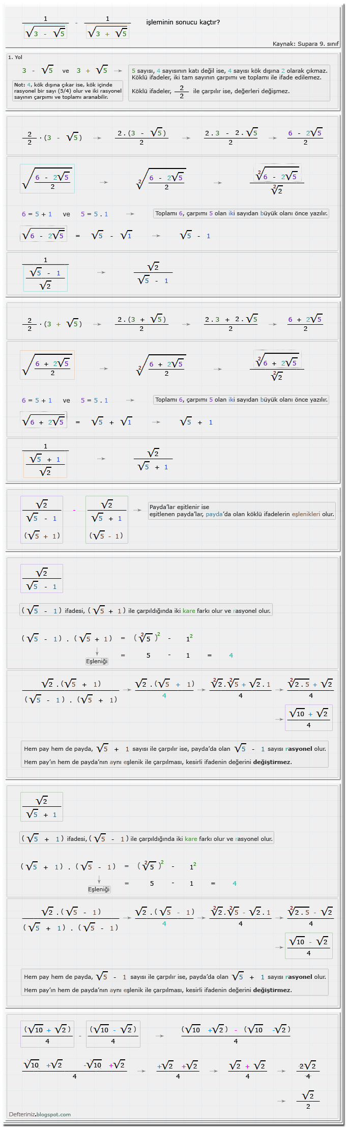 Örnek-soru-19 » 1. Yol (2/2 ile çarpmak) » İki tam sayının toplamı ve çarpımı ile ifade edilemeyen köklü kesirli rasyonel ifadelerde çıkarma işlemi (Kaynak: Supara 9. sınıf).