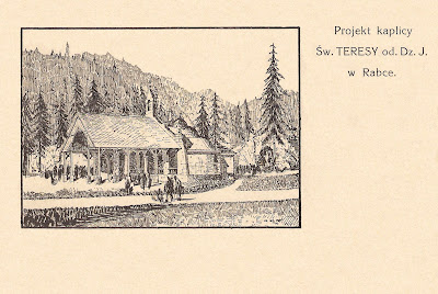 Oryginalna pocztówka z 1927 roku przedstawiająca projekt kaplicy autorstwa krakowskiego architekta Franciszka Mączyńskiego, twórcy wielu znaczących gmachów w Krakowie.