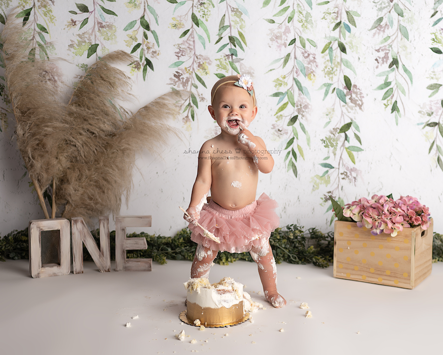Baby girl standing in Eugene Oregon photography studio with cake