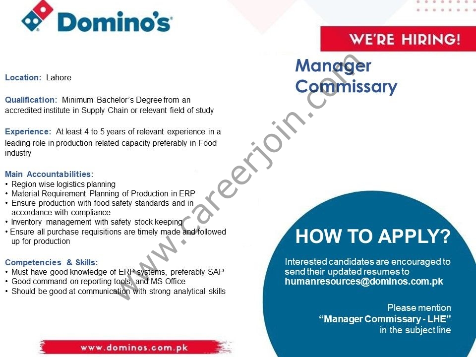 Dominos Pizza Pakistan Jobs Manager Commissary