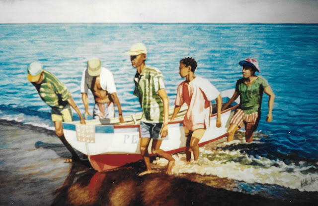 Watercolour of several men pulling a small boat up a beach, out of the ocean, "Pêcheurs Cap la Houssaye," by William Walkington