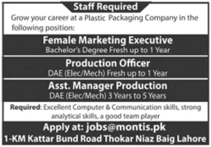 Jobs for marketing and other professionals in plastic and packaging company in Thokar Niaz Baig