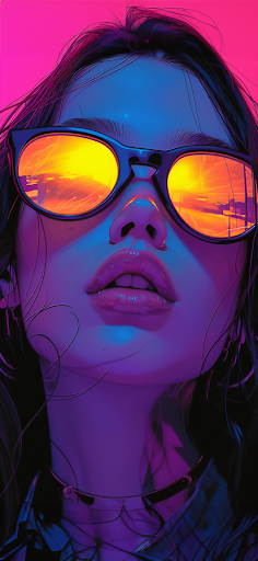 A woman in sunglasses reflects a vivid sunset, contrasting against a neon pink background for a striking, modern look.