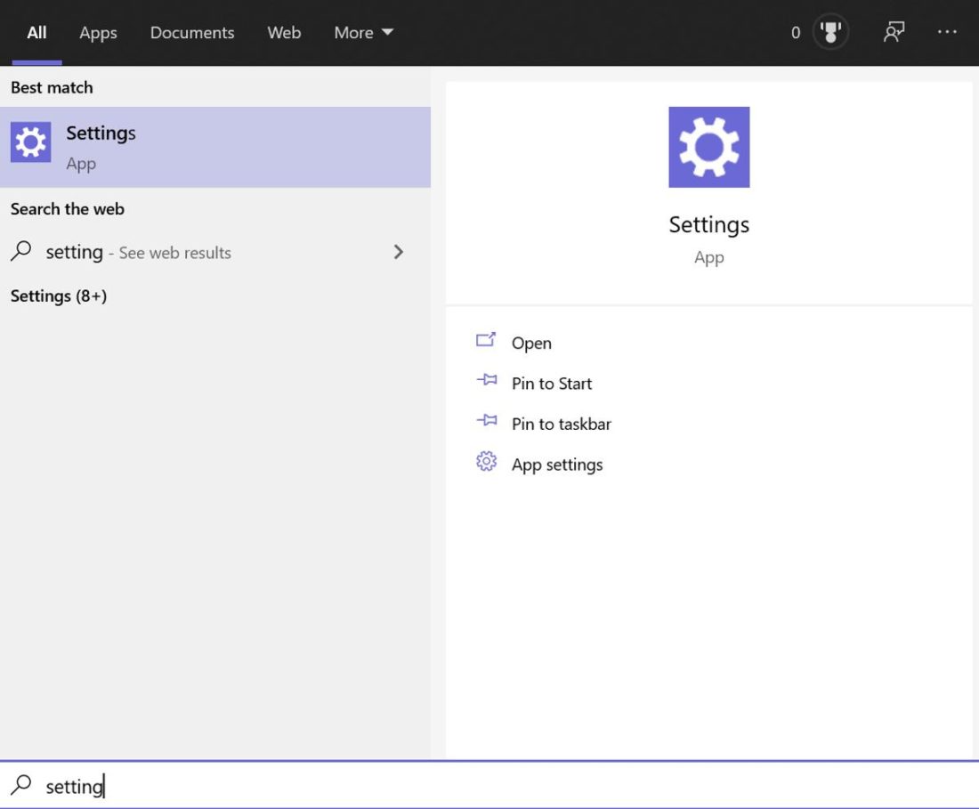 Mencari pengaturan di Start menu