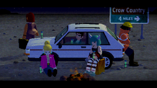 An ensemble shot of the characters in Crow Country. This shot features Mara in her Zap Girl outfit. The reward you get for shooting all the crystal crows on your subsequent playthroughs after beating the game.