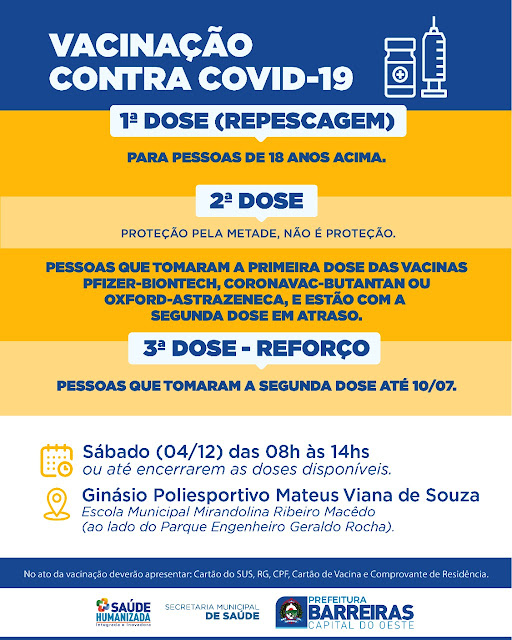 Vacinação contra a Covid 19 segue neste sábado em Barreiras