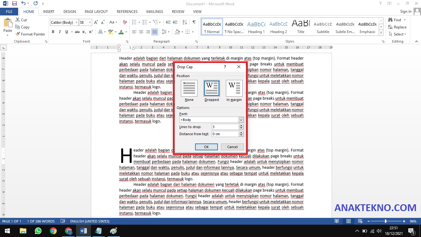 Cara mengedit Drop Cap Microsoft Word