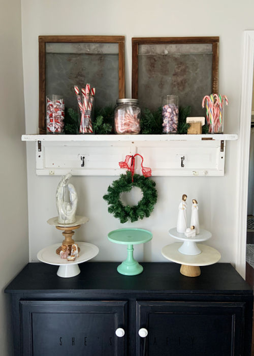 Kitchen Side Board with candy cane decor.
