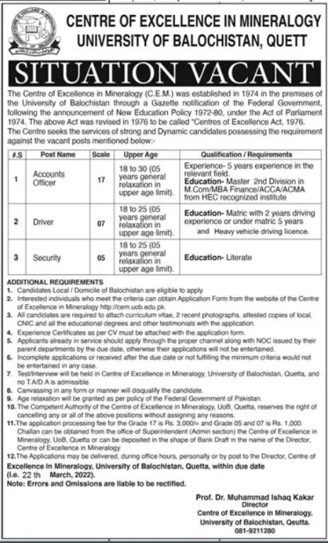 University of Balochistan Management Posts Quetta 2022