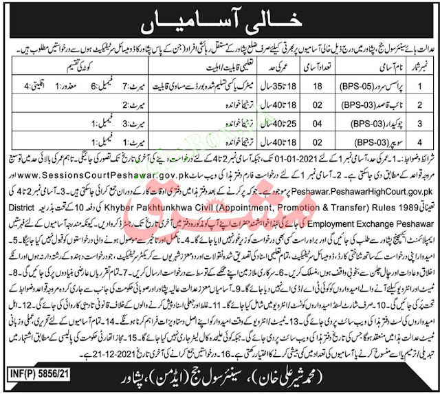 District and Session Courts Peshawar Jobs 2021
