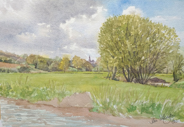 A watercolour of the river Sée and Avranches, entitled "La Sélune et Avranches," by William Walkington in 1983