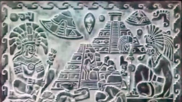 Alien UFO above the Pyramid in the stone tablet carving.