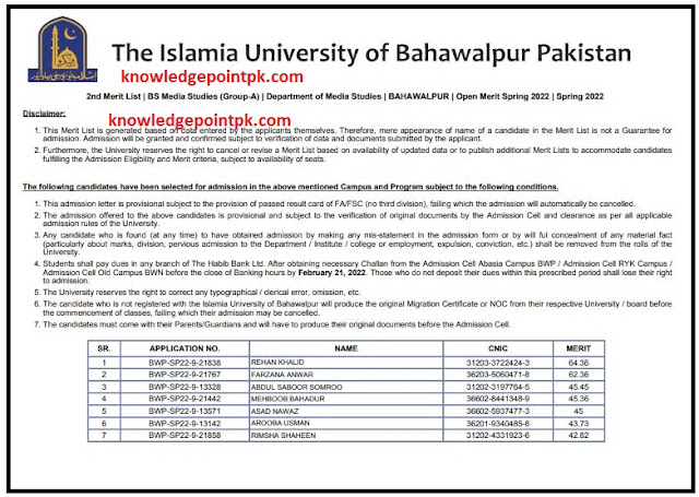 The Islamia University of Bahawalpur IUB Main Campus  BS Program (Group - A) 2nd Merit List Upload Spring  2022