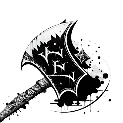 A black and white drawing of an axe with runes on the blade