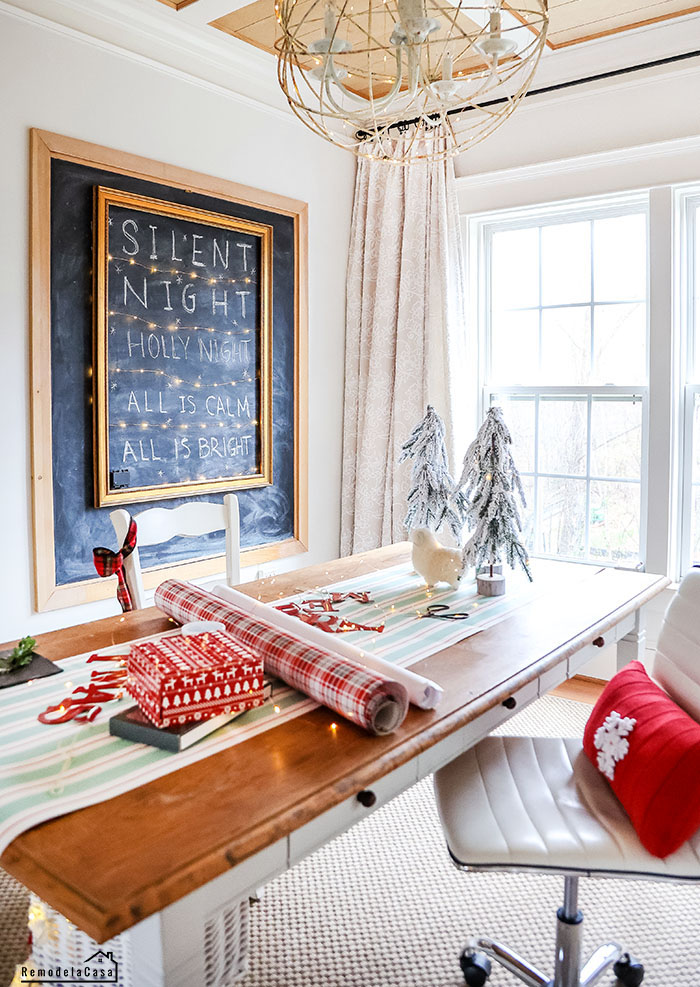 Chalkboard decor, table for wrapping presents