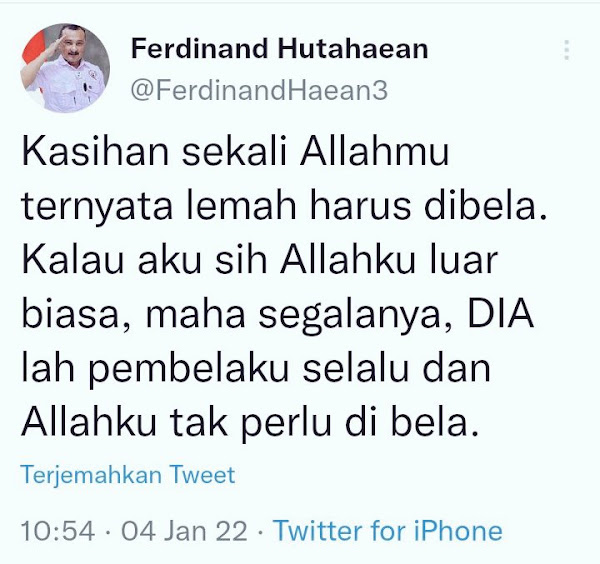 DKI Jakarta geram dengan cuitan Ferdinand Hutahaean yang mengatakan NU DKI Minta Polri Tindak Tegas Ferdinand Hutahaean Soal Cuitan “Allahmu Lemah”
