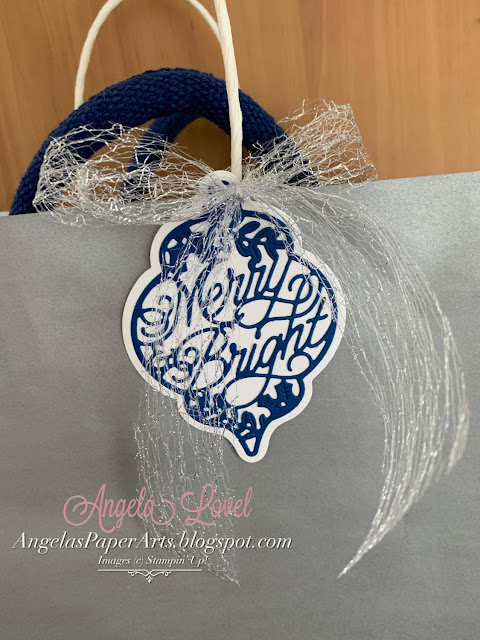 Angela's PaperArts: Stampin' Up! Delicate Baubles dies & Metallic Mesh Ribbon Christmas gift tag