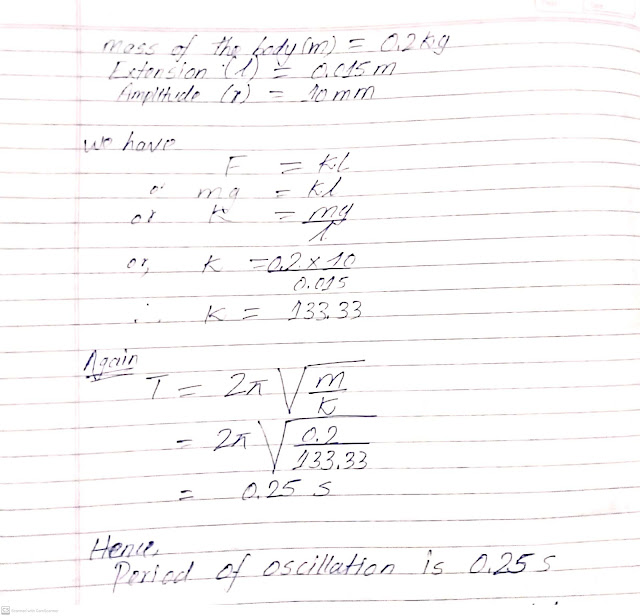 A small mass of 0.2kg is suspended from a spring and produces on extension of 0.015 m. The mass is now set into vertical oscillation of amplitude 10mm.What is the period of oscillation