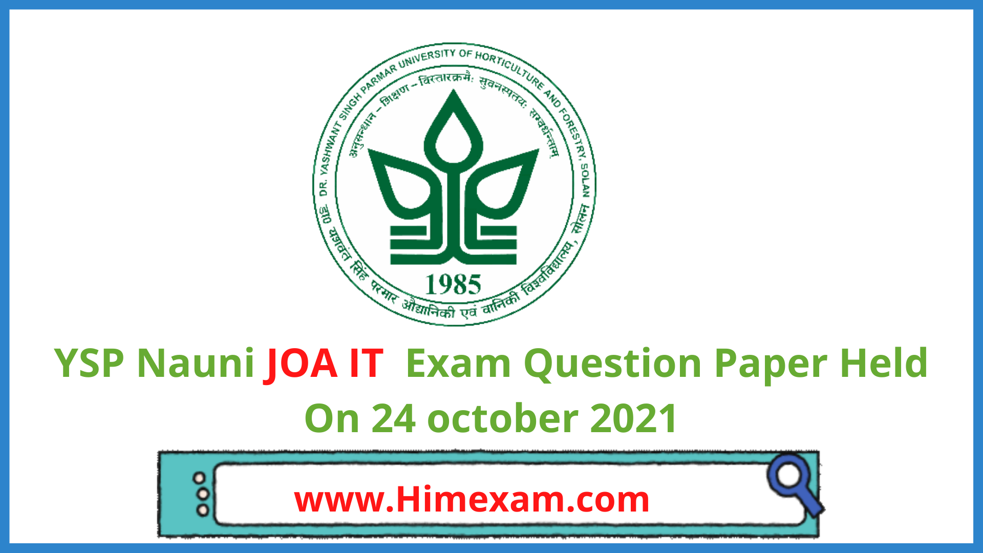 YSP Nauni JOA IT  Exam Question Paper Held On 24 october 2021