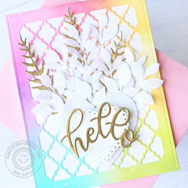 Sunny Studio Stamps: Spring Greenery Card by Isha Gupta (featuring Scalloped Heart Dies, Stitched Heart Dies, Frilly Frame Dies, Slimline Dies)